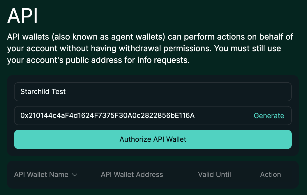 Hyperliquid API wallet authorization screen showing the wallet name, generated address, and authorization control