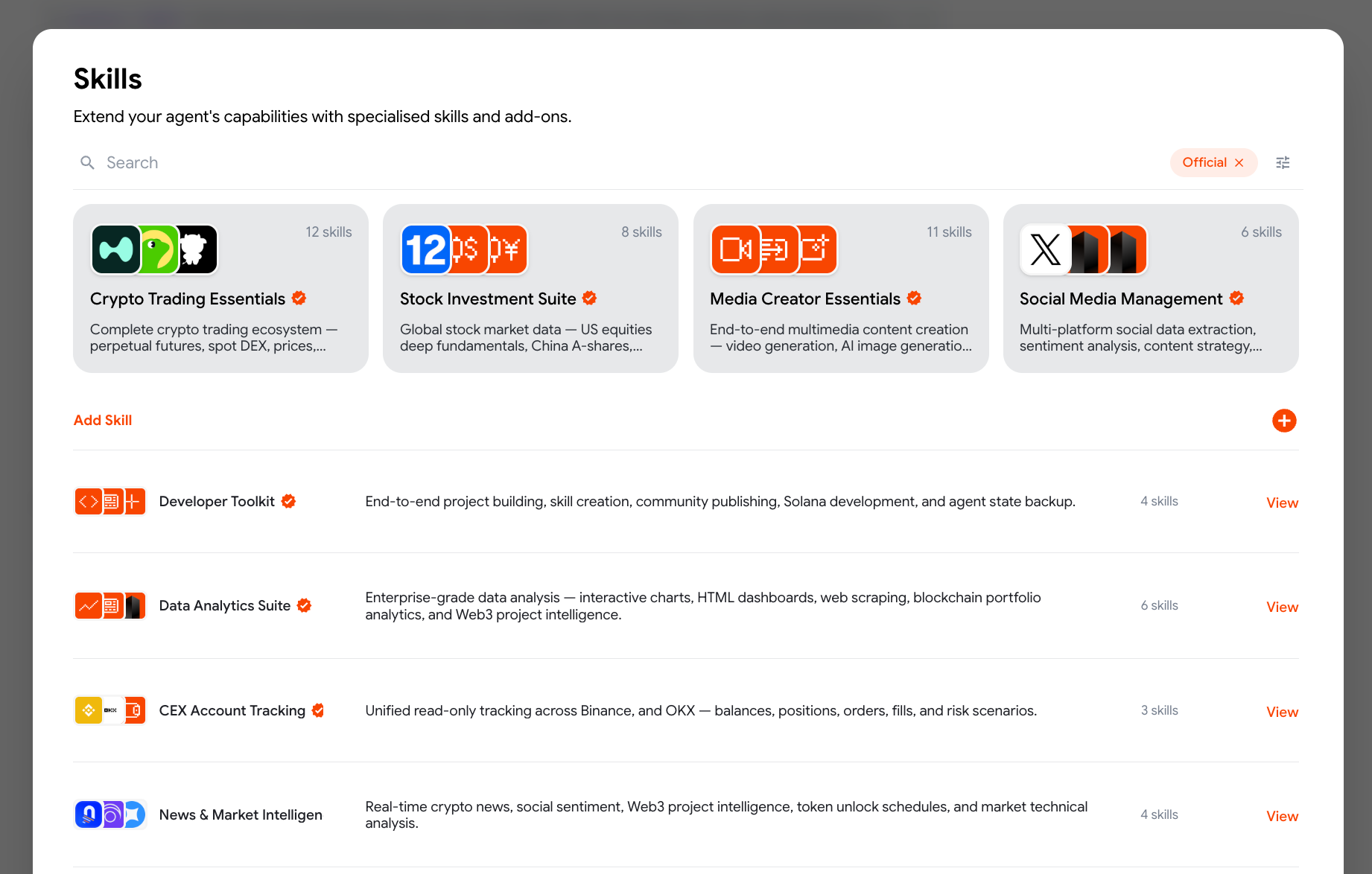 The Starchild Skills Hub showing official trading, market data, analytics, and development skill packages
