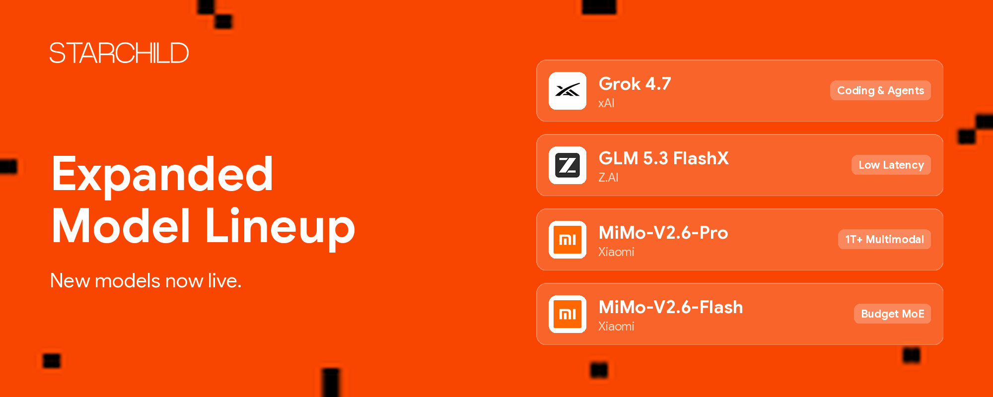Latest Model Additions: Grok 4.7, GLM 5.3 FlashX, and MiMo-V2.6 graphic