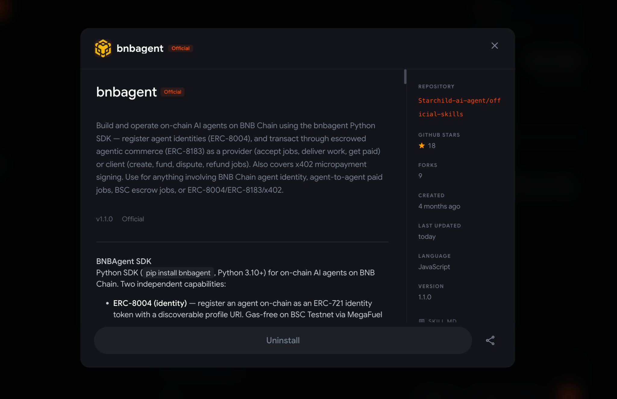 The bnbchain skill in the Starchild marketplace